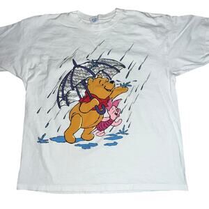 Vintage Disney's 90s Winnie The Pooh and Piglet in the rain umbrella graphic Tee